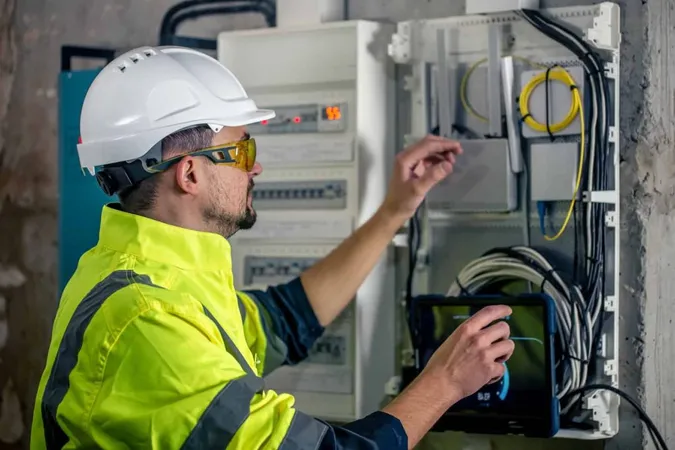 Man Electrical Technician Working Switchboard With Fuses Uses Tablet X - Canadian Standards Association study guide
