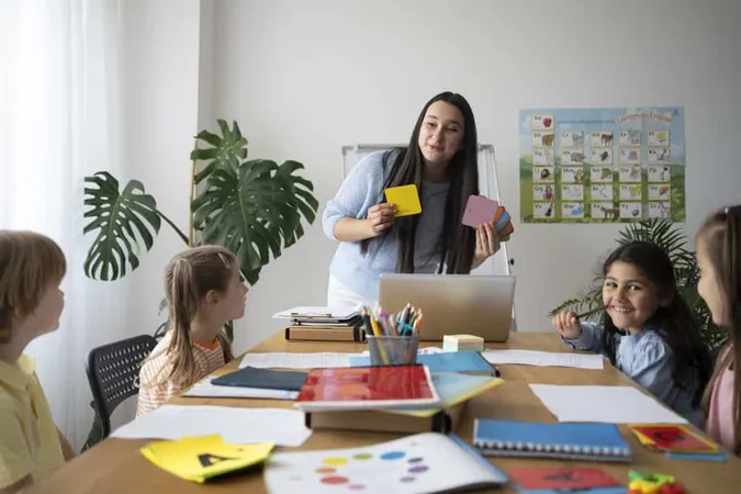 Front View Smiley Teacher Explaining Kids 1 X - Certified Teacher Assistant study guide
