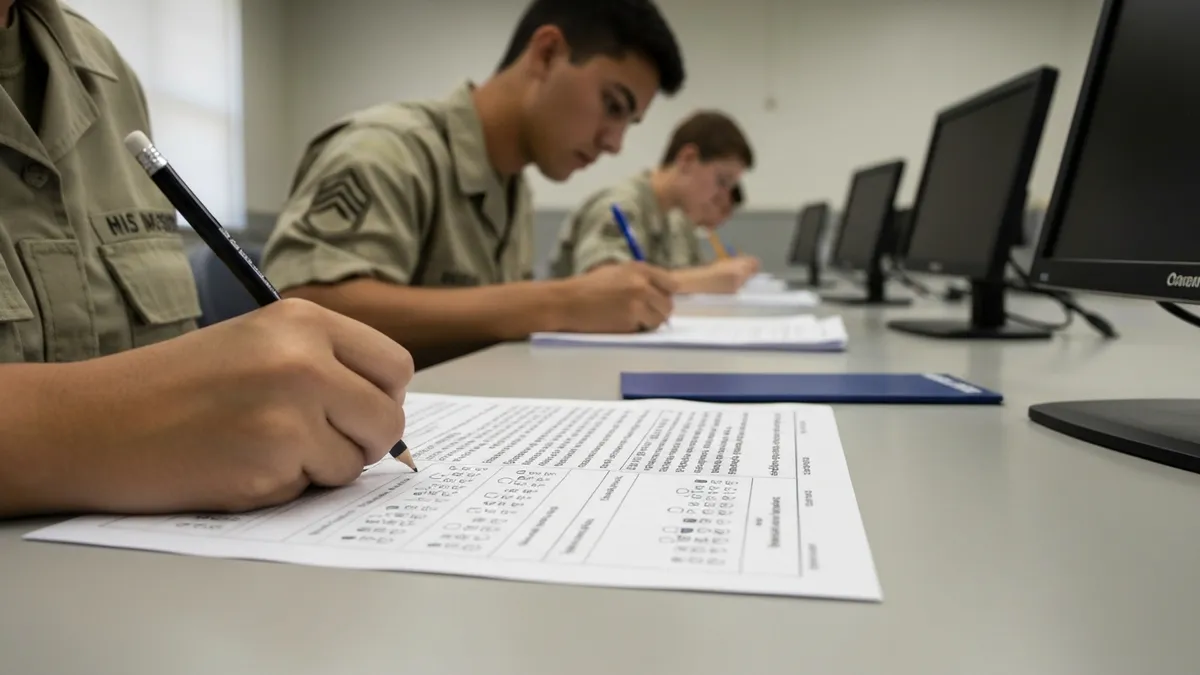 Military student studying English grammar workbook for ALCPT English usage section preparation