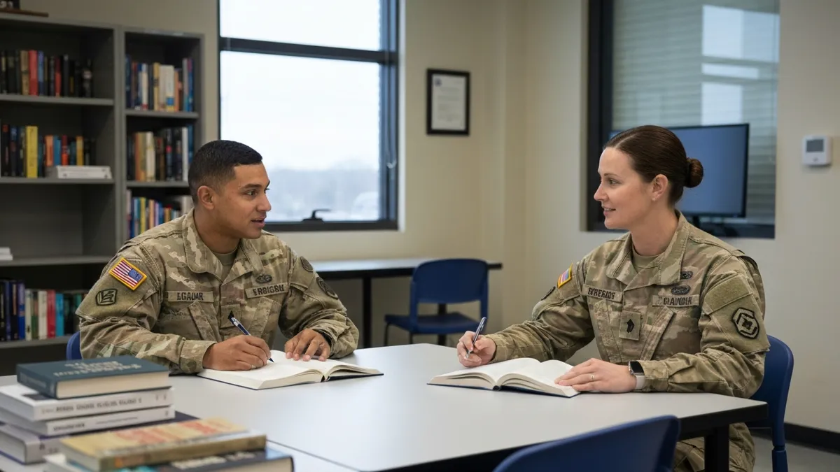 ALCPT English usage study materials including grammar workbook and military English reading practice texts