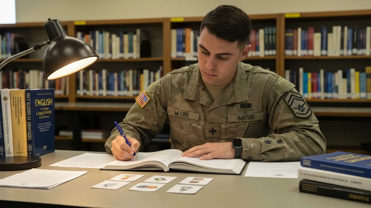 Military student using listening practice strategy to prepare for ALCPT exam