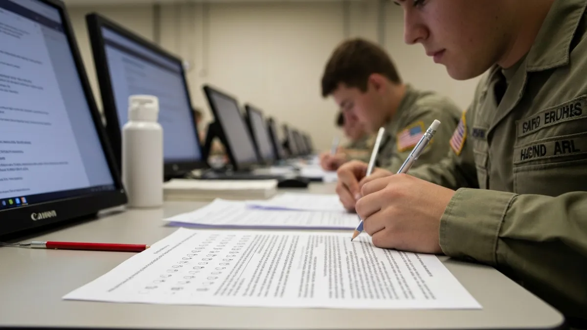 Military student studying English language materials for ALCPT preparation