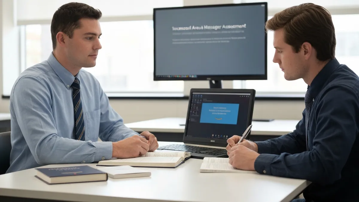 Successful Amazon Area Manager candidate advancing to phone screen interview after passing online Work Simulation assessment for fulfillment center leadership role
