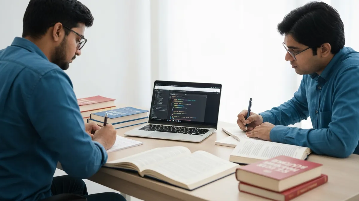 Developer solving AMCAT coding problems on a laptop with code editor open