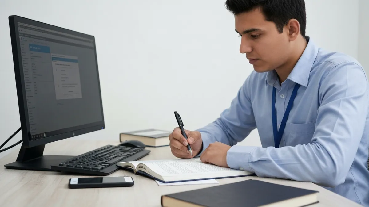 Student reviewing AMCAT score report on myamcat.com portal with preparation notes and study plan on desk