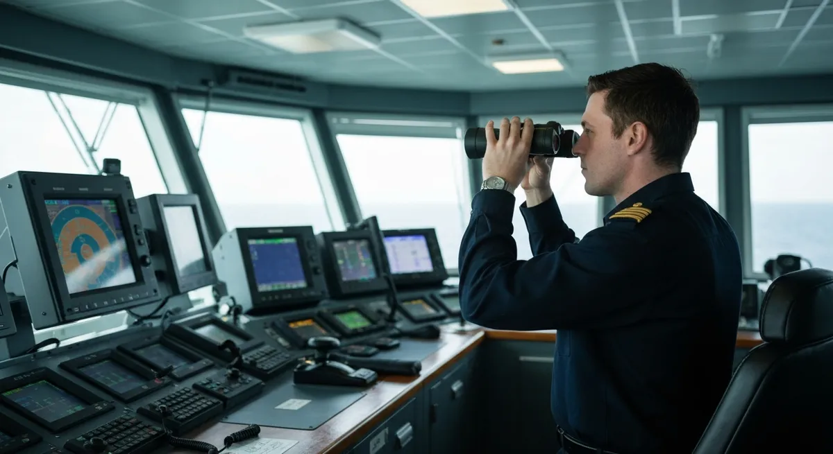 Deck Officer With Binoculars Navigational Bridge Seaman Board Vessel Commercial Shipping 2 - Able Seaman Exam study guide