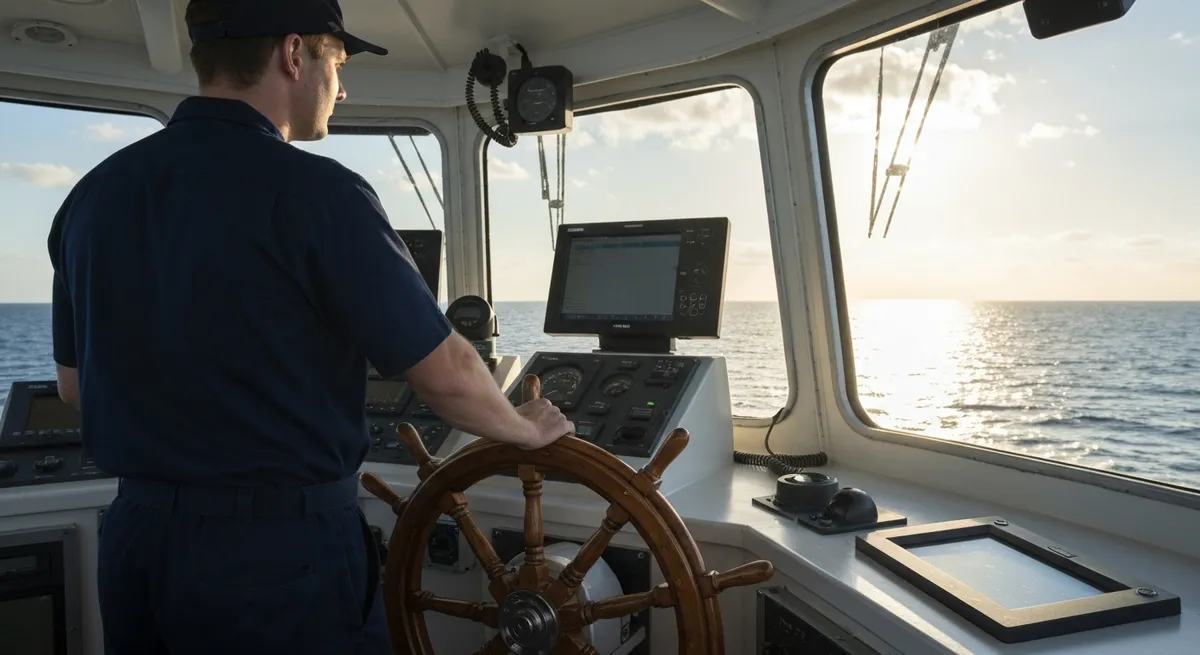 Sun Shines Wooden Wheel Held By Man 1 - Able Seaman Exam study guide