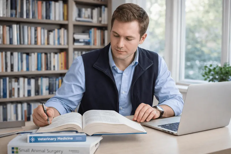 Veterinary student studying BCSE questions in a library setting