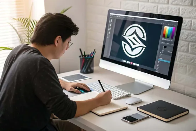 Man Works Computer With Black White Logo Screen X - Adobe Certified Associate​ study guide