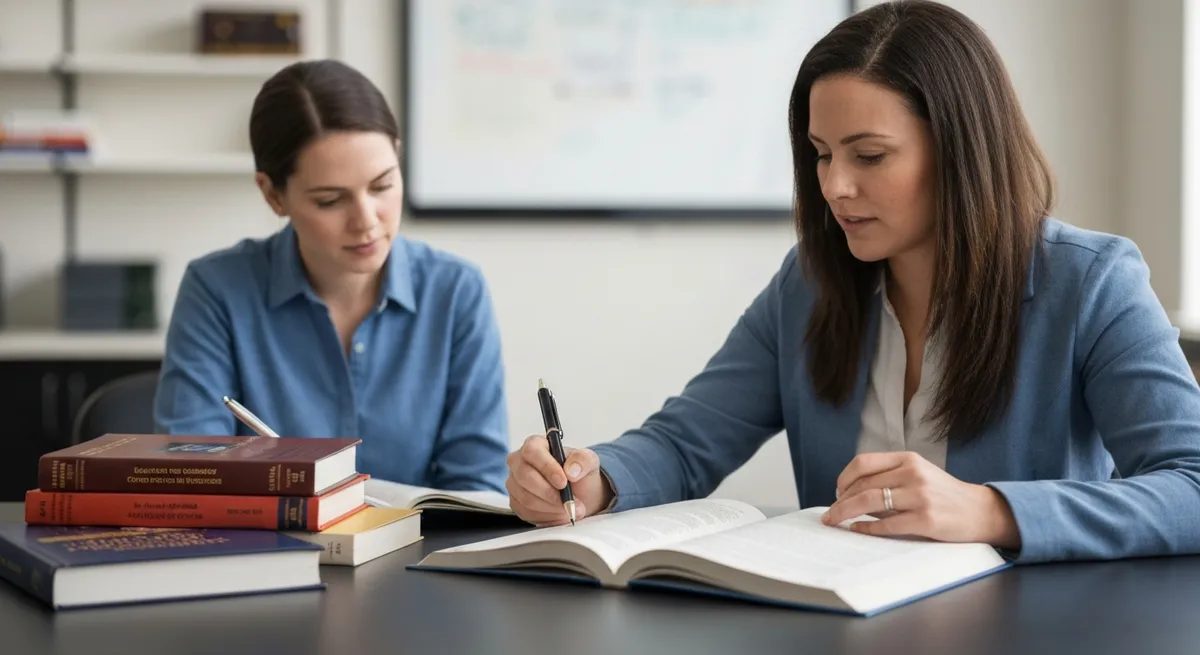 Smiling Showing Thumbs Up Young Female Teacher Sitting Desk With School Tools Classroom - Alabama Educator Certification Testing Program study guide
