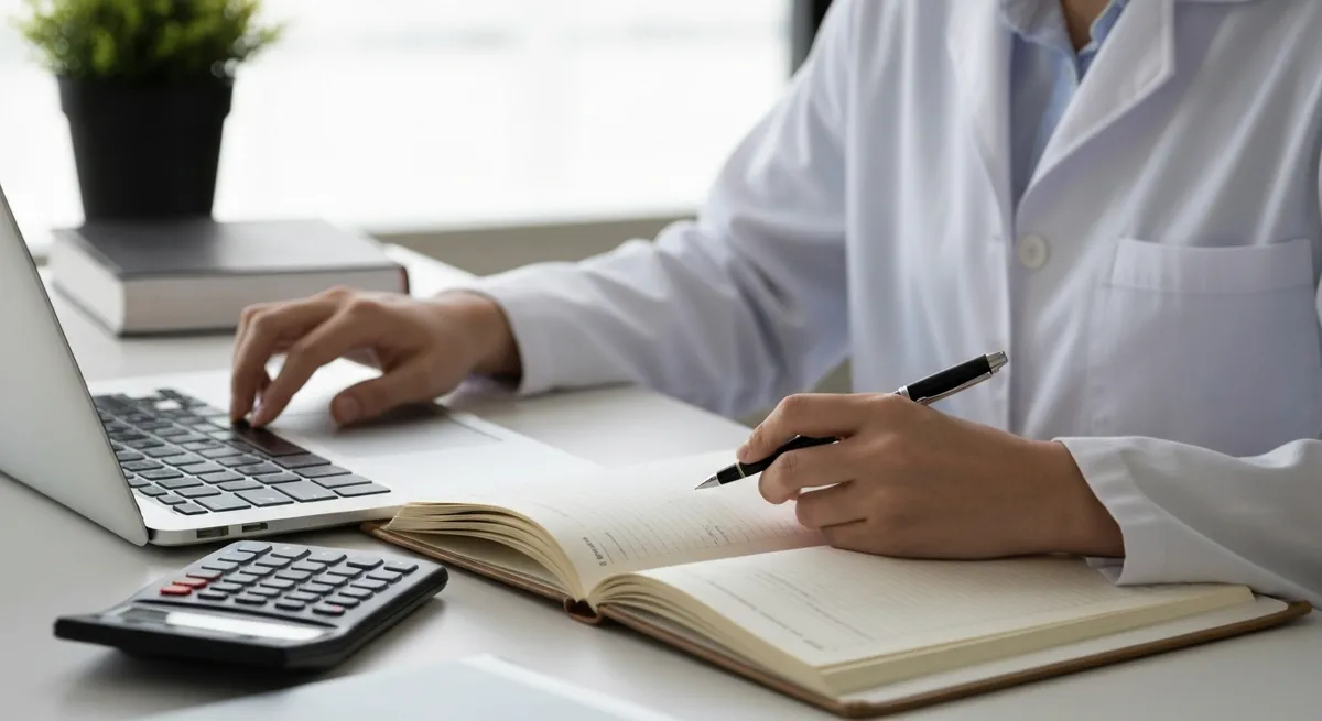A close-up of a student's hands analyzing their Bluebook SAT practice test accuracy with a laptop, calculator, and a blank notebook.