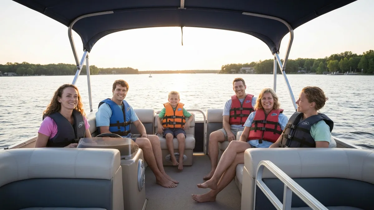 Minnesota boater checking required safety equipment including life jackets and fire extinguisher on a lake motorboat
