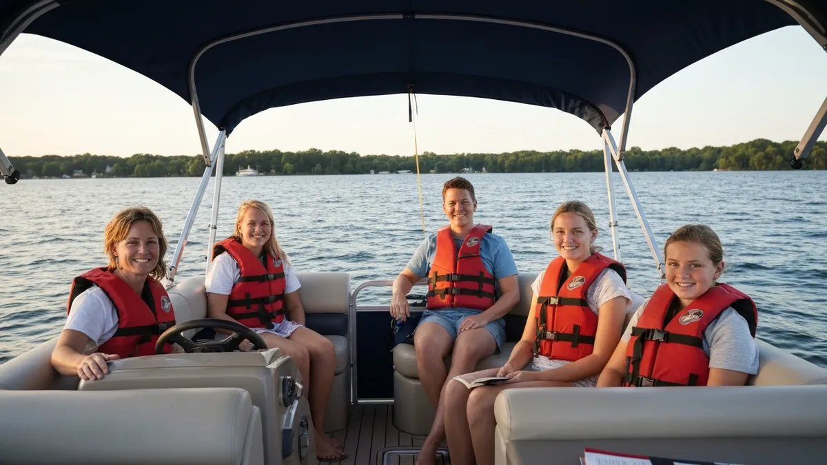 Ohio lake with safely equipped motorboat showing life jackets and ODNR boating safety card required equipment checklist