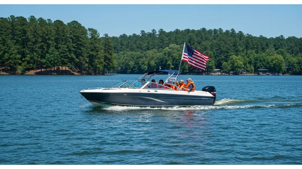 Tennessee lake with safely equipped motorboat showing life jackets and TWRA boating safety card required equipment