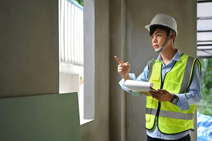 Young Man Inspector Safety Helmet Vest Holding Clipboard Inspecting Reconstructed Construction X - Certified Building Inspector study guide