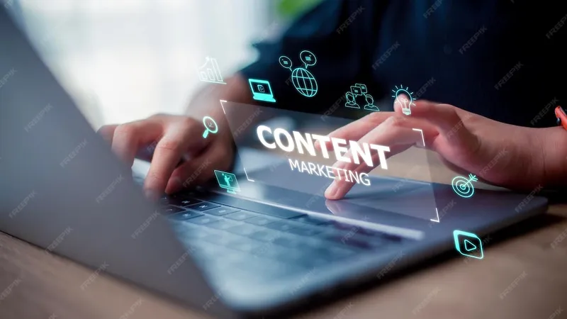 Marketing Concept With Woman Working Laptop Futuristic Virtual Interface Screen - Certified Content Marketer study guide