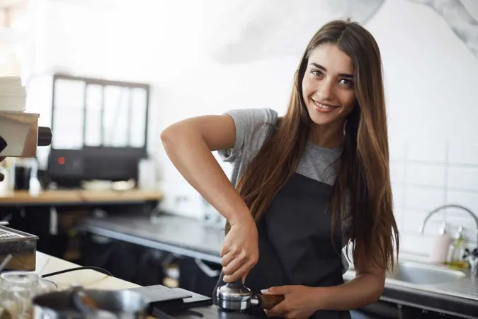 Young Barista Work Looking Camera Smiling Using Tamper Prepare Espresso Shot Hipster Work Concept X - Certified Barista study guide