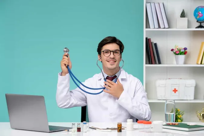 Medical Cute Handsome Doctor Lab Coat Working Remotely Computer With Stethoscope X - Certified Cardiology Coder study guide