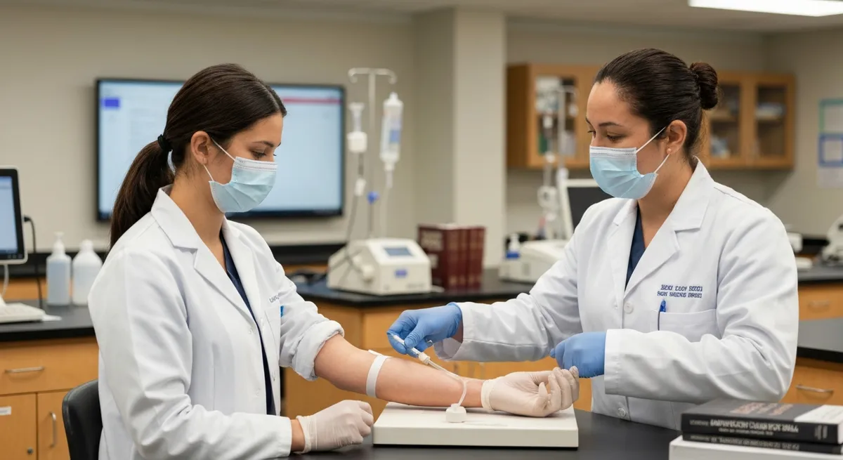 A phlebotomy student practices venipuncture on a medical training arm, a key step in fulfilling phlebotomy certification requirements.
