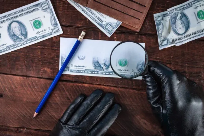 Counterfeiter Black Gloves Forges Banknotes Fake Concept Fake Money Wallet With American Dollars Magnifier Top View 2 X - Certified Financial Crime Specialist study guide