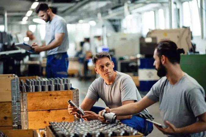 Two Manual Workers Talking While Cooperating Quality Control Inspection Steel Factory X - Certified Fastener Specialist study guide