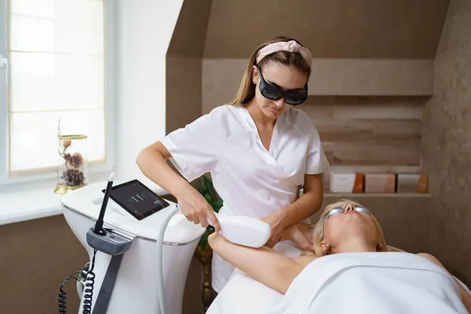 View Doctor Cosmetologist Doing Anti Aging Procedure Cosmetology Office Satisfied Woman Disposable Hat Lying Couch Relaxing Working With Apparatus X - Certified Laser Therapist study guide