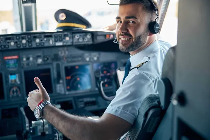 Close Up Portrait Beaming Smiling Man Pilot Uniform Showing Like While He Is Sitting Chair Cockpit Civil Airplane X - Commercial Pilot Licence study guide