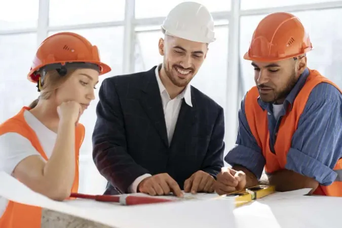 Building Construction Worker Site With Architect 3 X - Construction Risk and Insurance Specialist study guide