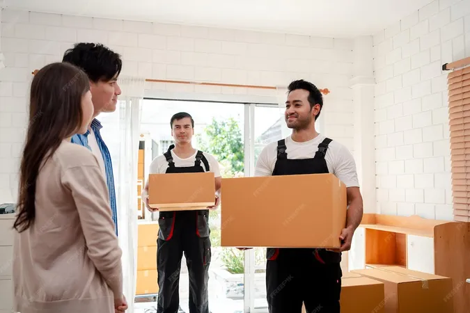 Asian Couple Check While Unloading Boxes Furniture From Pickup Truck New House With Service Cargo Two Men Movers Worker Uniform Lifting Boxes Concept Home Moving Delivery - Certified Relocation Professional study guide