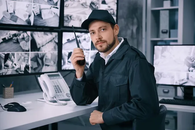 Male Security Guard Using Radio Transmitter Surveillance Room - Certified Security Consultant study guide