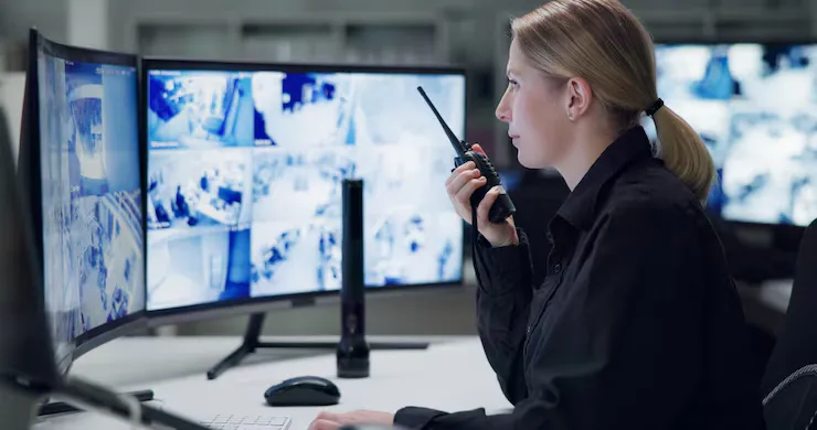 Watch Security Woman With Radio Cctv Monitor Danger Talking Control Room Guard Desk Night Working Protection Safety Communication Backup Connection - Certified Security Consultant study guide