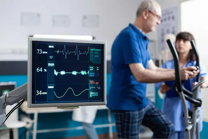 Close Up Heart Rate Monitor Measuring Heartbeat Patient Doing Gymnastics Physical Recovery Retired Man Using Sport Equipment Exercise Physiotherapy Strength X - Cardiovascular Technologist Certification study guide
