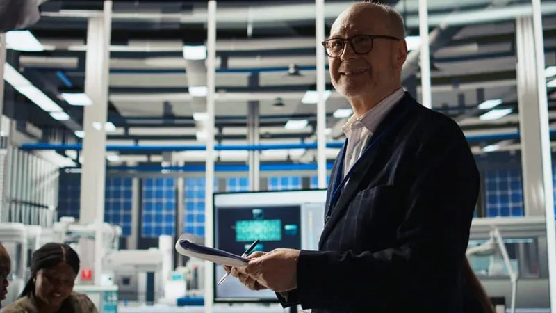 Smiling Senior Engineer Solar Panels Plant Reading Documentation X - Energy Management Professional study guide