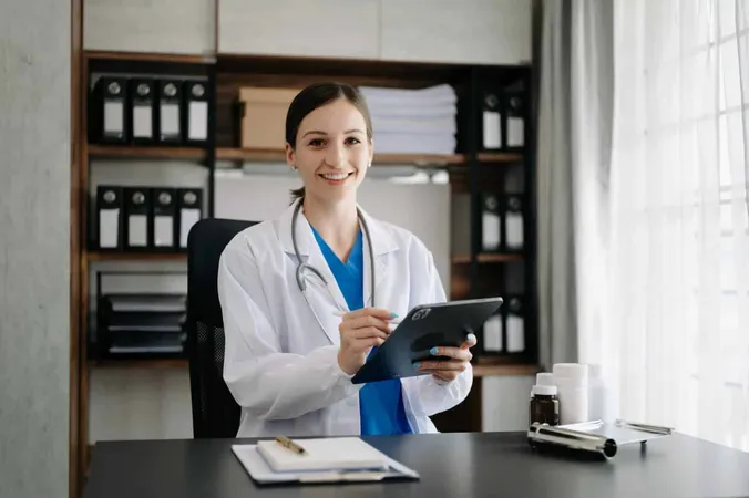 Smiling Doctor Consultant Sitting Desk His Neck Looking Camera X - Healthcare Accounting Certification study guide