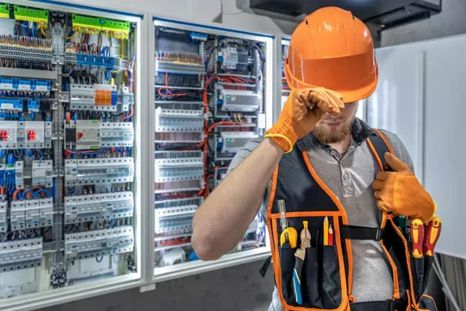 Electrician Man Overalls Works Switchboard Portrait Electrician Overalls X - Licensed Electrical Contractor study guide