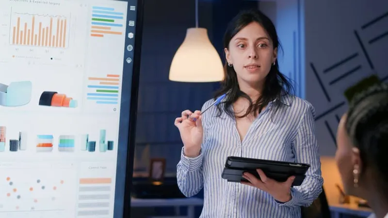 Executive Manager Woman Brainstorming Management Solution Showing Company Strategy X - Market Research Analyst Certification study guide