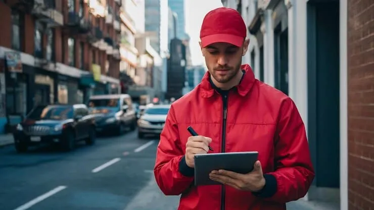 Delivery Man Taking Notes Tablet With Digital Pen Red Uniform - New England Transportation Technician Certification Program study guide