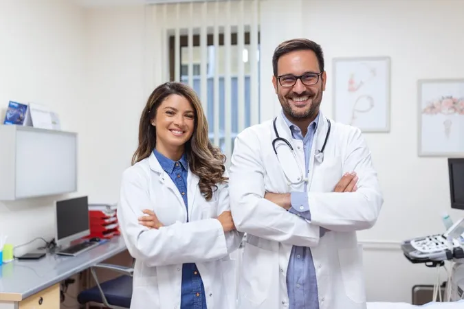 Portrait Smiling Young Doctors Standing Together Portrait Medical Staff Inside Modern Hospital Smiling Camera X - Occupational English Test study guide