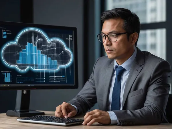 Man Sits Desk With Computer Monitor Showing Cloud Drawing X - Salesforce Application Architect Certification study guide