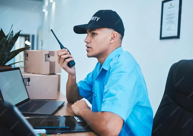 Walkie Talkie Security Guard Man Table Surveillance Communication Office Safety Protection Serious Officer Radio Desk Chat Tech Police Investigation Service - Ship Security Officer study guide