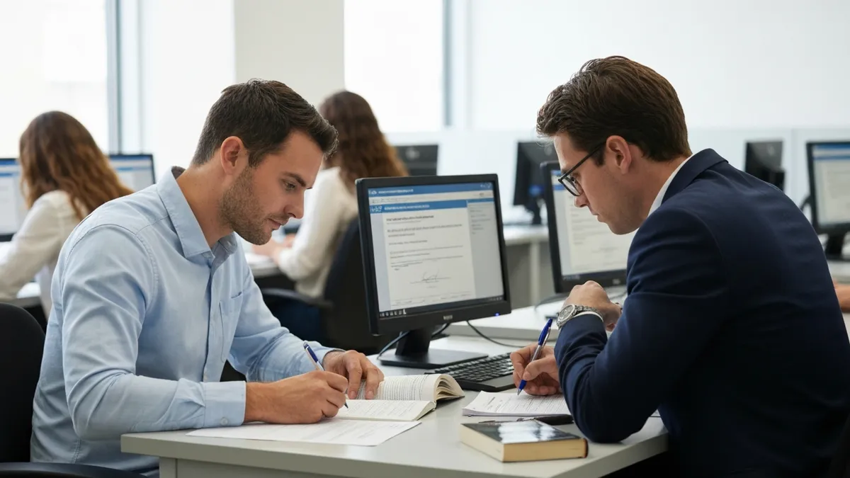 Prometric testing center with test takers at computer workstations taking professional certification licensing exams in secure monitored environment